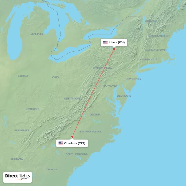 Ithaca - Charlotte direct flight map