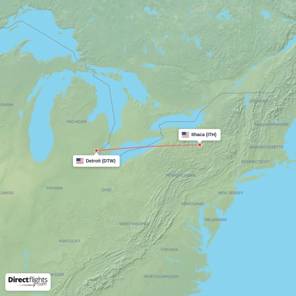 Ithaca - Detroit direct flight map