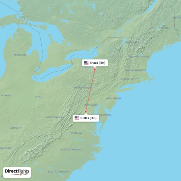 Ithaca - Dulles direct flight map