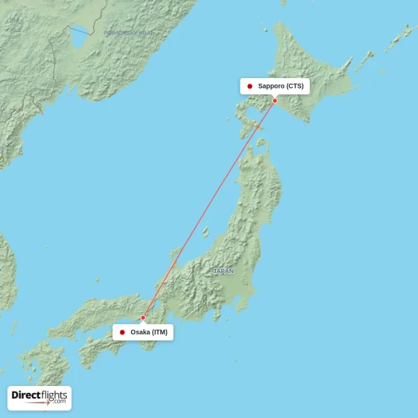 Osaka - Sapporo direct flight map
