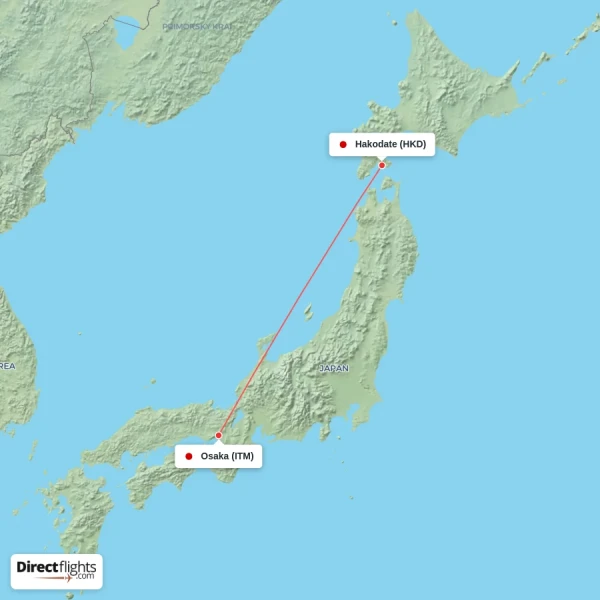 Osaka - Hakodate direct flight map