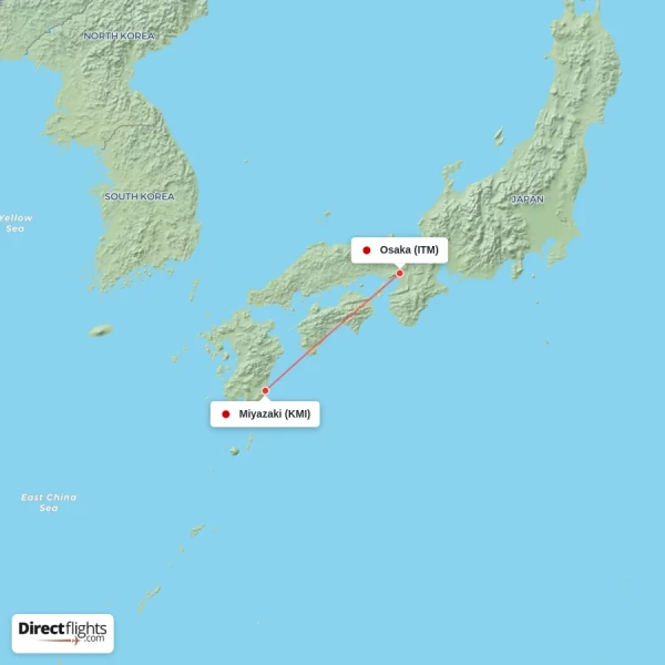 Osaka - Miyazaki direct flight map