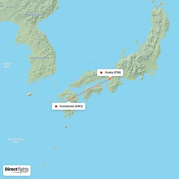 Osaka - Kumamoto direct flight map