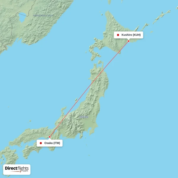 Osaka - Kushiro direct flight map