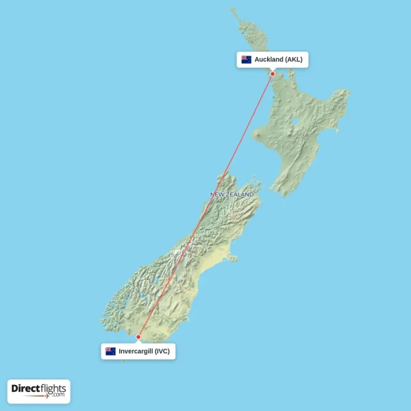 Invercargill - Auckland direct flight map