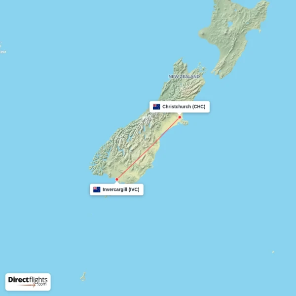 Invercargill - Christchurch direct flight map