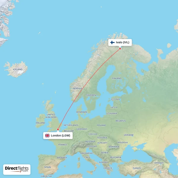 Ivalo - London direct flight map