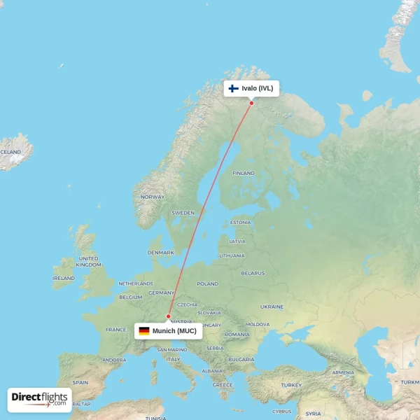 Ivalo - Munich direct flight map