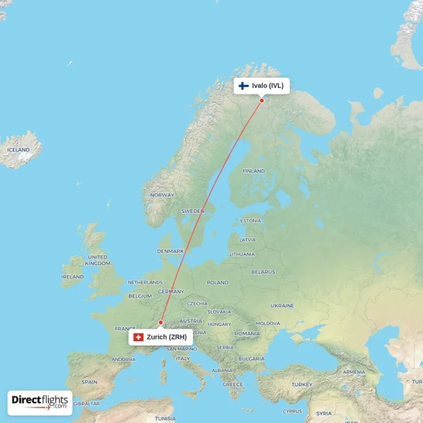 Ivalo - Zurich direct flight map