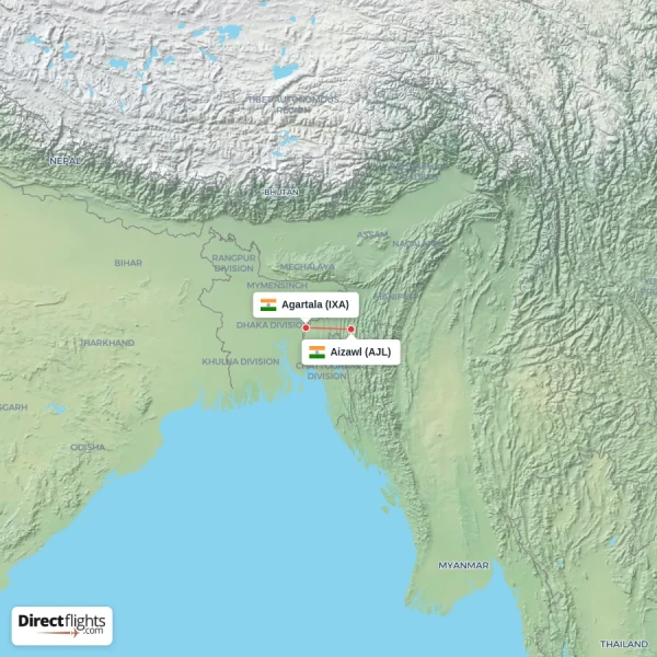 Agartala - Aizawl direct flight map