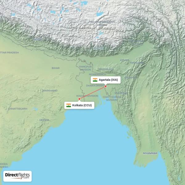 Agartala - Kolkata direct flight map