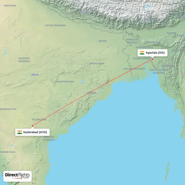 Agartala - Hyderabad direct flight map