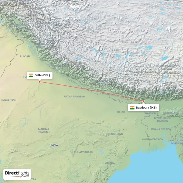 Bagdogra - Delhi direct flight map