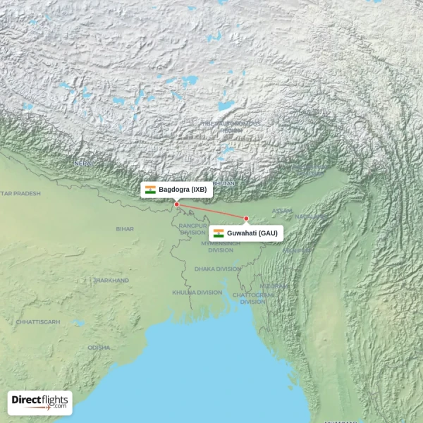 Bagdogra - Guwahati direct flight map