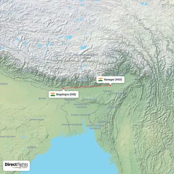 Bagdogra - Itanagar direct flight map