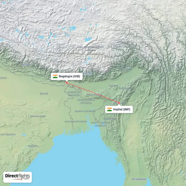 Bagdogra - Imphal direct flight map
