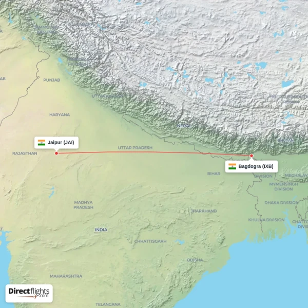 Bagdogra - Jaipur direct flight map