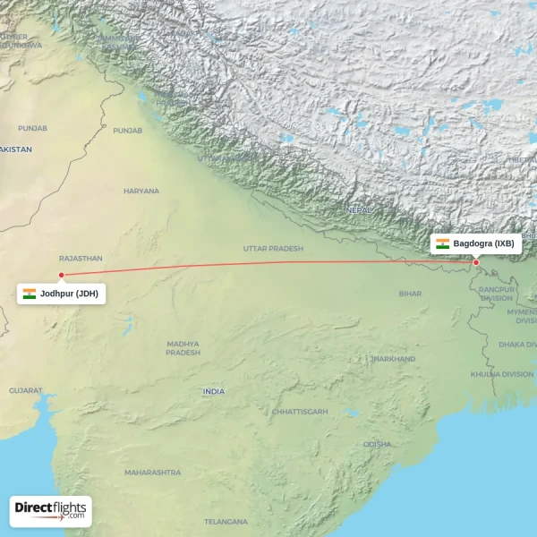 Bagdogra - Jodhpur direct flight map