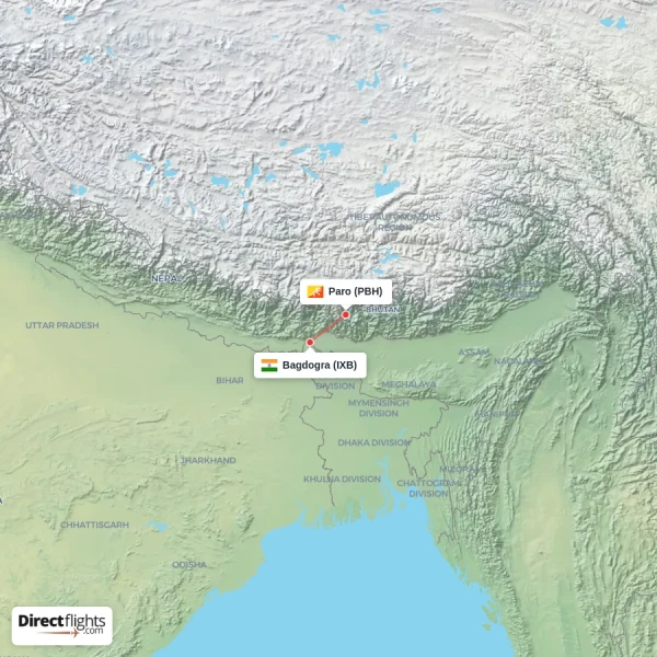 Bagdogra - Paro direct flight map