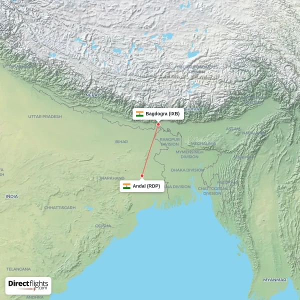 Bagdogra - Andal direct flight map
