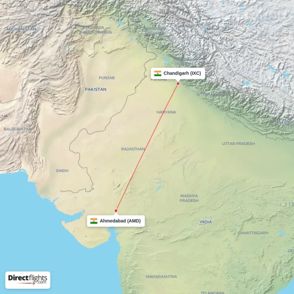 Chandigarh - Ahmedabad direct flight map