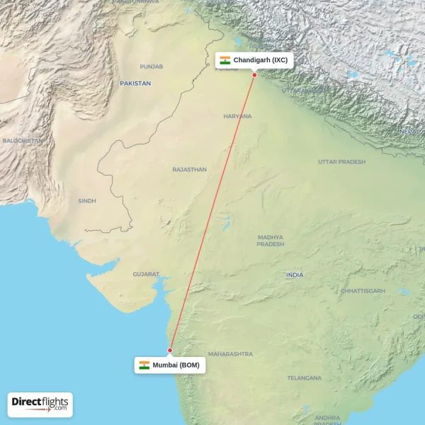 Chandigarh - Mumbai direct flight map