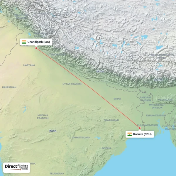 Chandigarh - Kolkata direct flight map