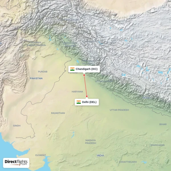 Chandigarh - Delhi direct flight map
