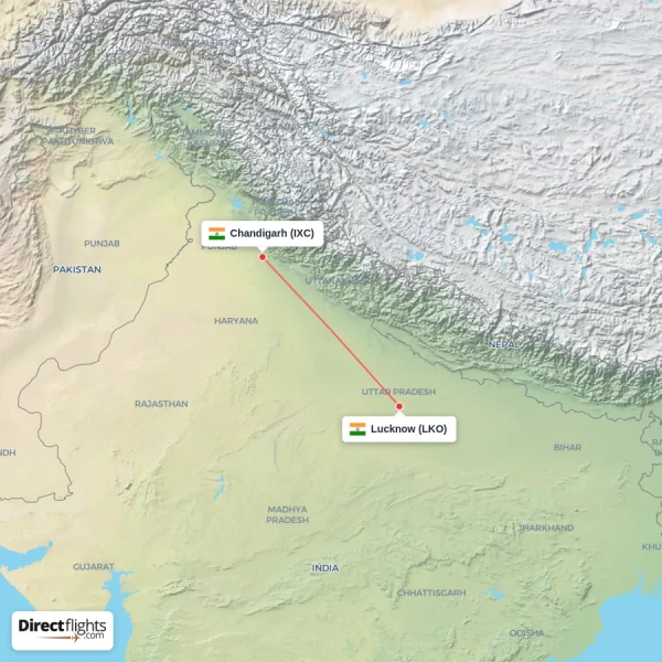 Chandigarh - Lucknow direct flight map