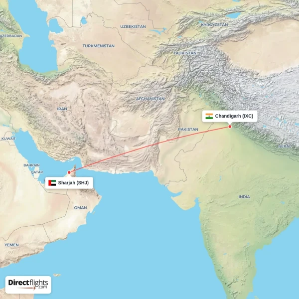 Chandigarh - Sharjah direct flight map