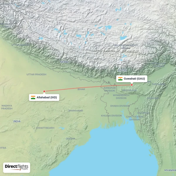Allahabad - Guwahati direct flight map