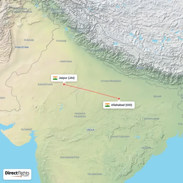 Allahabad - Jaipur direct flight map