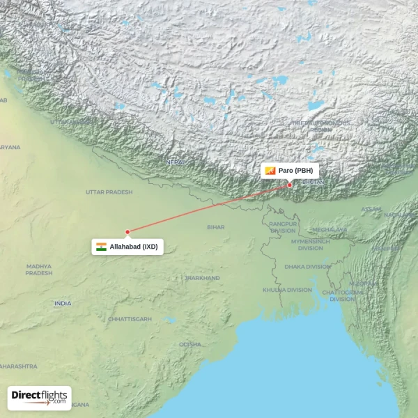 Allahabad - Paro direct flight map
