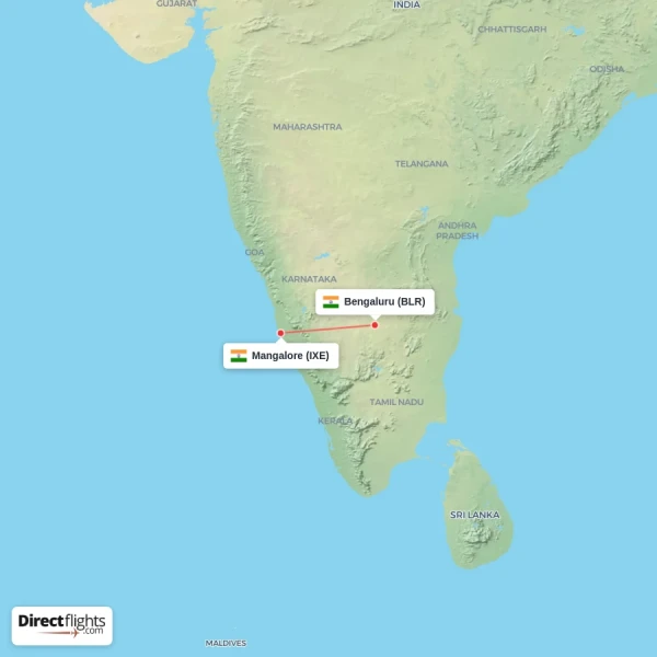 Mangalore - Bengaluru direct flight map