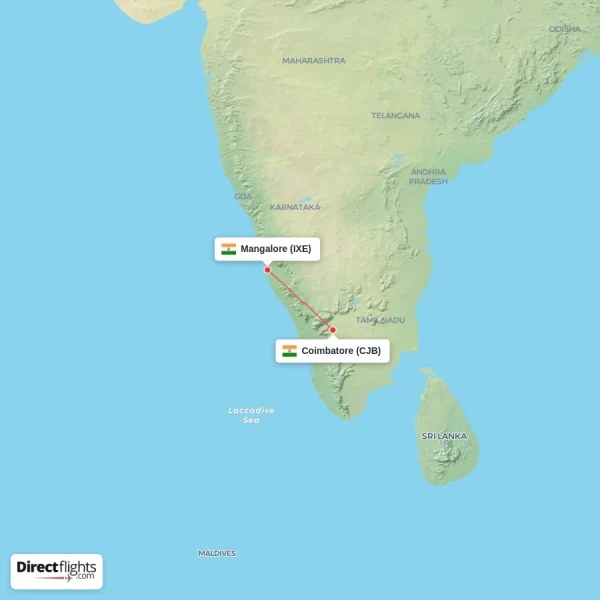 Mangalore - Coimbatore direct flight map