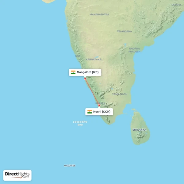 Mangalore - Kochi direct flight map