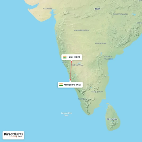 Mangalore - Hubli direct flight map