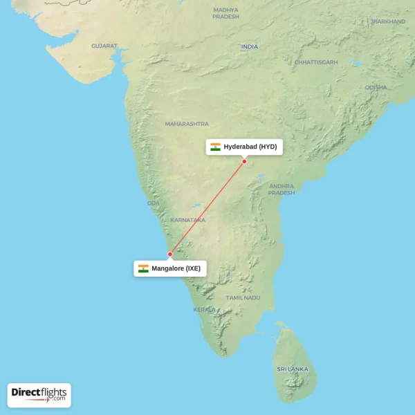 Mangalore - Hyderabad direct flight map