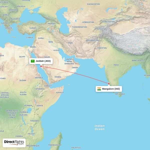 Mangalore - Jeddah direct flight map
