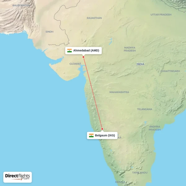 Belgaum - Ahmedabad direct flight map