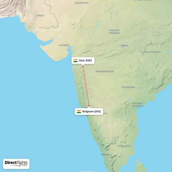 Belgaum - Ozar direct flight map