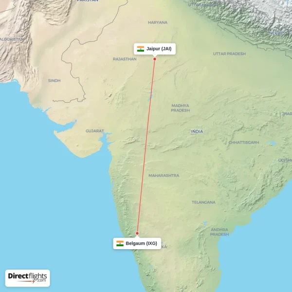 Belgaum - Jaipur direct flight map