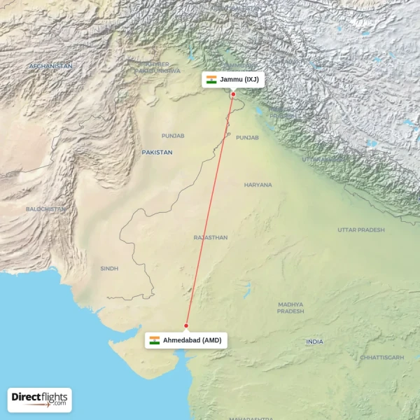 Jammu - Ahmedabad direct flight map