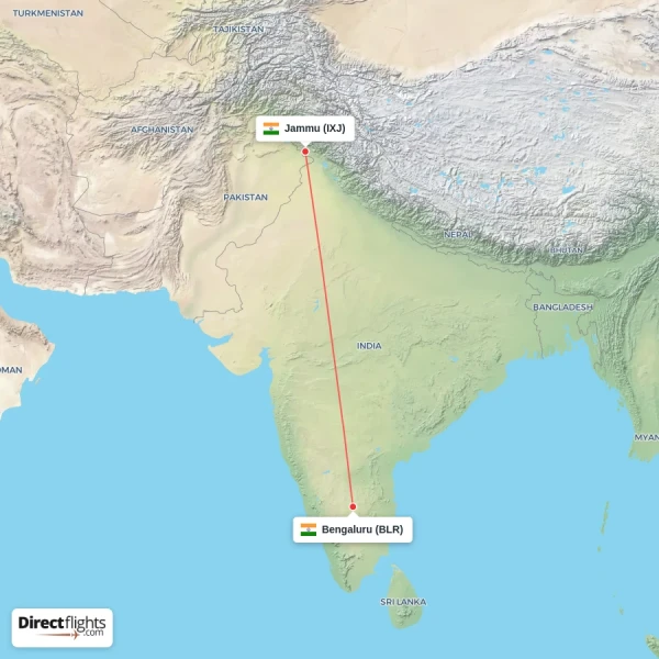 Jammu - Bengaluru direct flight map