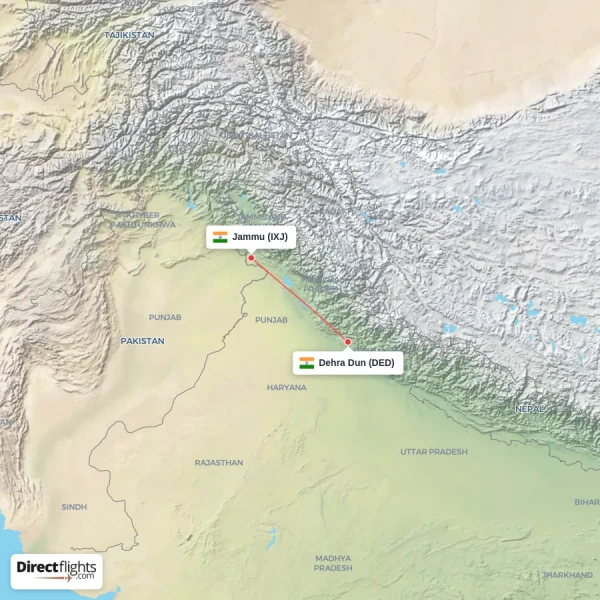 Jammu - Dehra Dun direct flight map