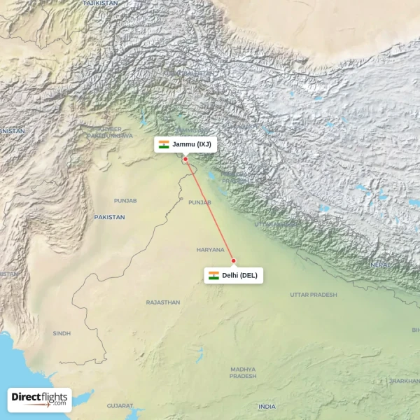Jammu - Delhi direct flight map
