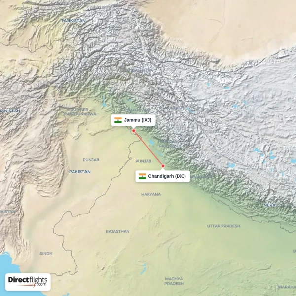 Jammu - Chandigarh direct flight map