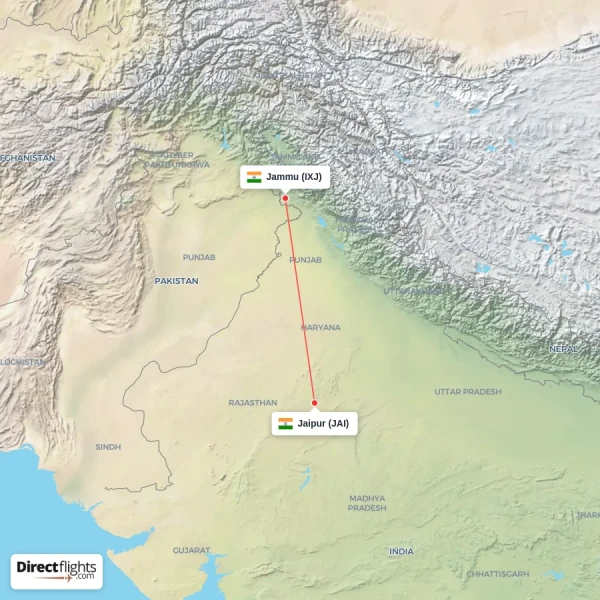 Jammu - Jaipur direct flight map