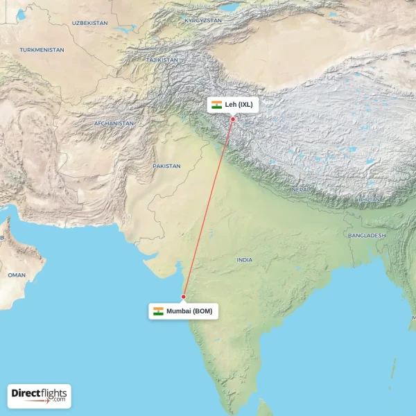 Leh - Mumbai direct flight map