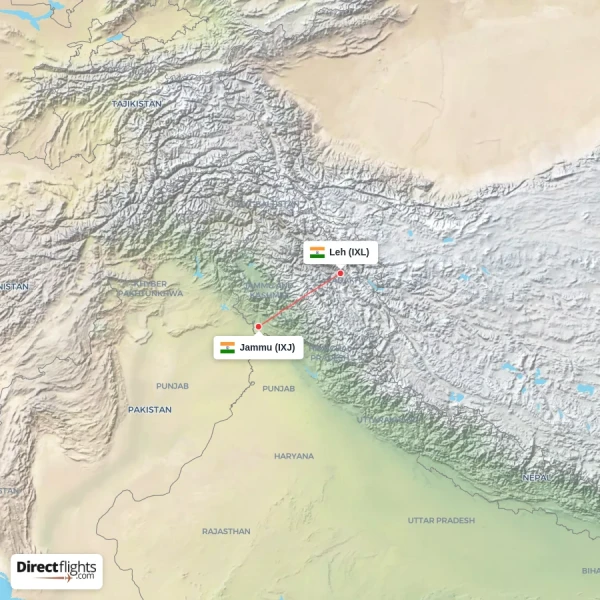 Leh - Jammu direct flight map